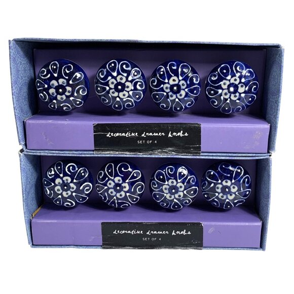 Set Of 8 Decorative Ceramic Drawer Knobs With Blue & White Floral Design NIB - Picture 1 of 4